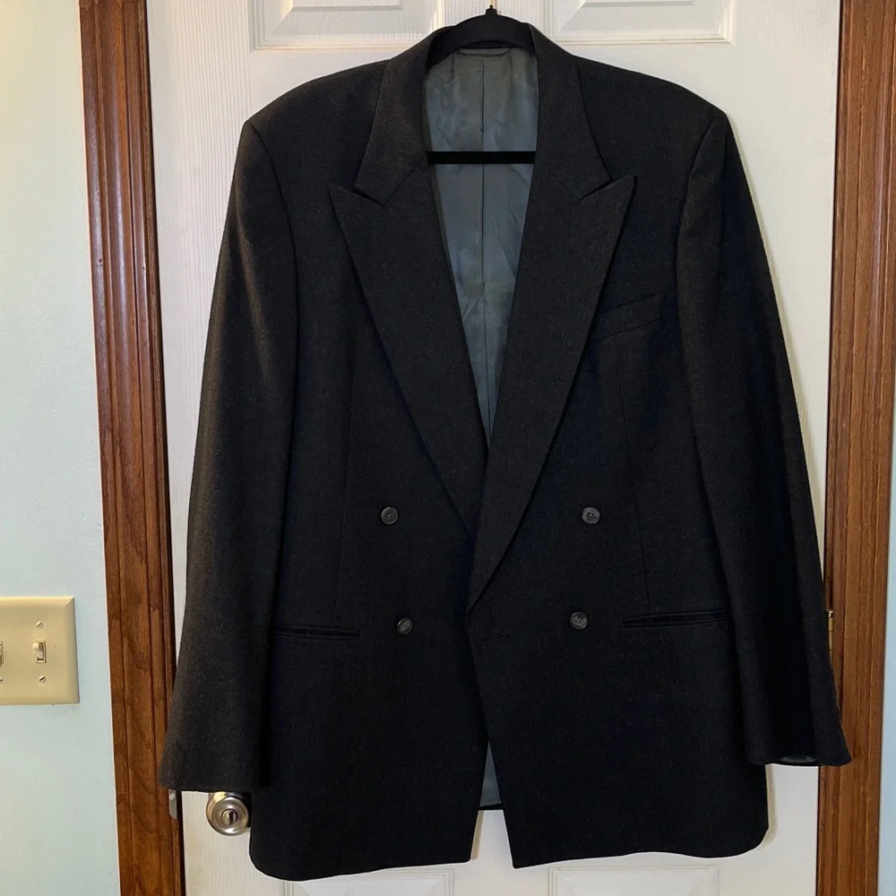 Vintage Christian Dior Monsieur Dark Gray Double Breasted Wool Blazer 42 Long
